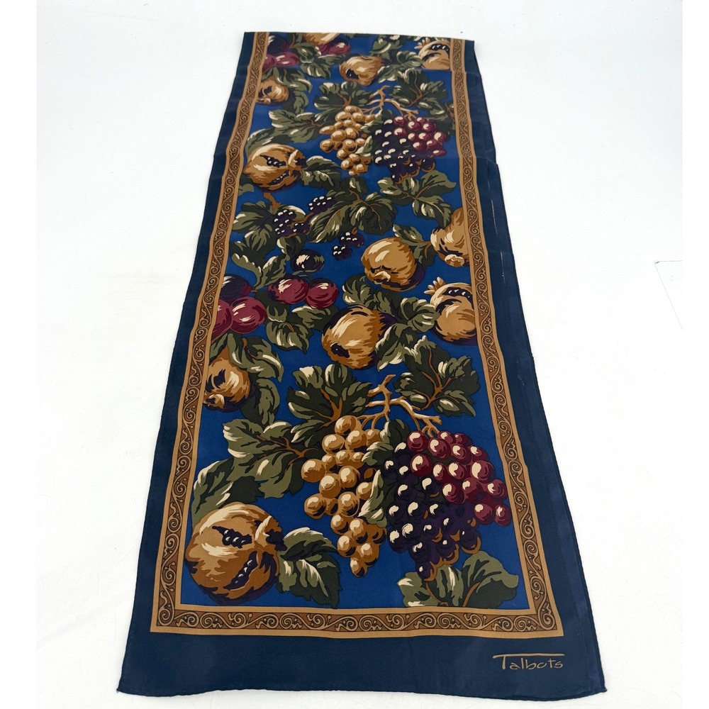 Talbots Vintage Scarf Womens OS Blue Fruit Grapes Pomegranate Print Old Money